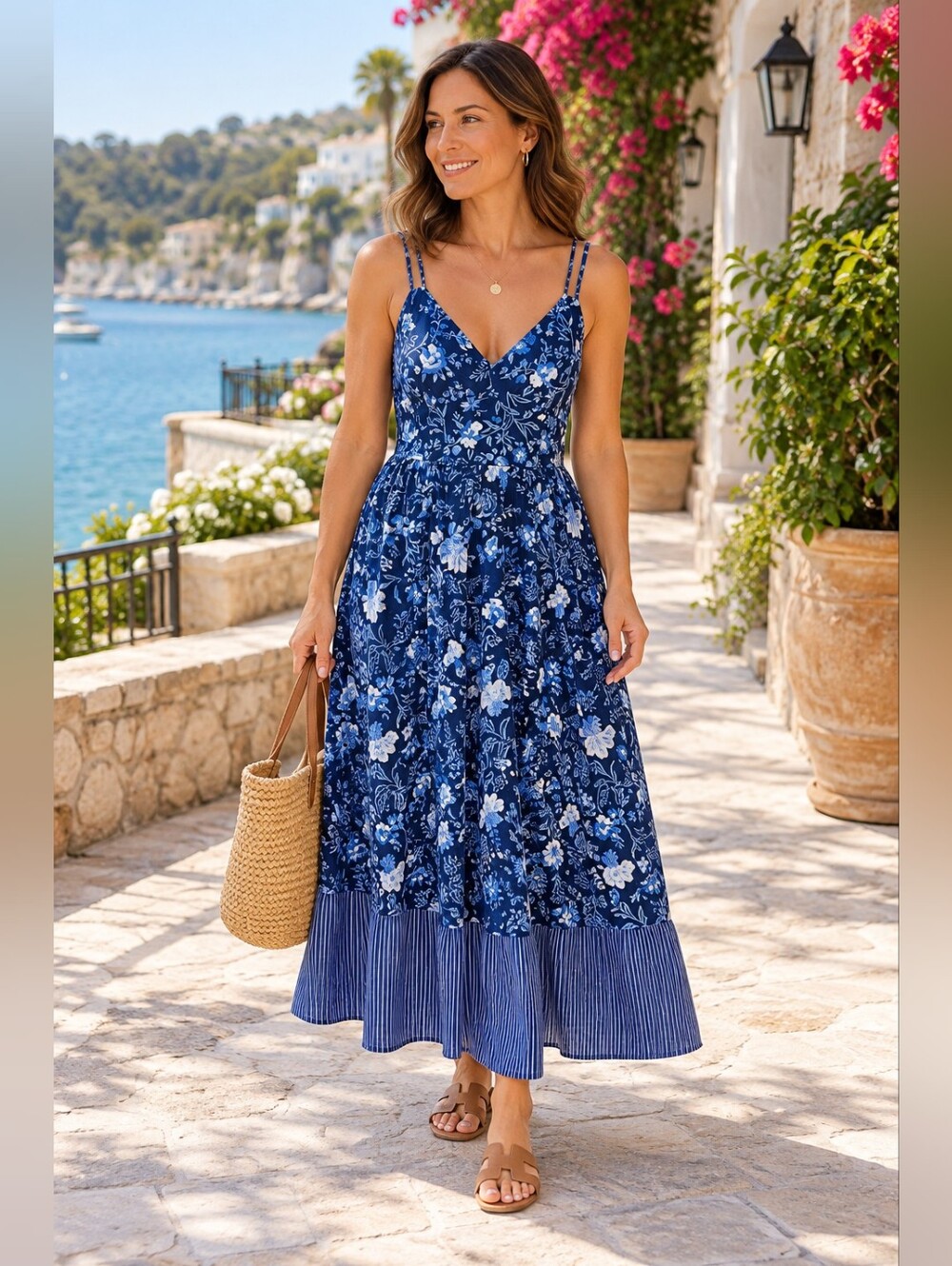 Ellen Tracy, Floral V-Neck Blue Maxi Dress, Size M, NWT